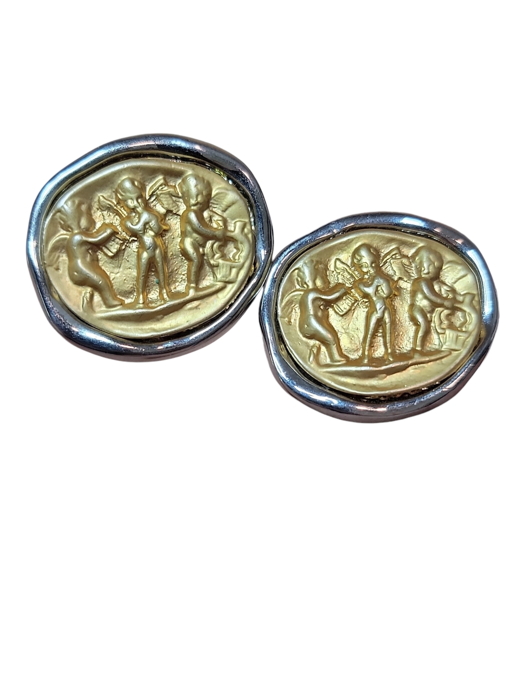 Gold and Silver Cherub Cameo Clip-On Earrings - Women Jewelry